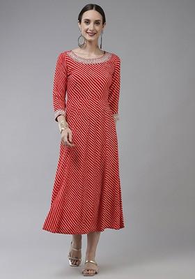 Red Printed Poly Blend Kurta