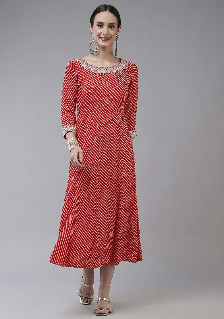 Red Striped Blended Kurta - Indya