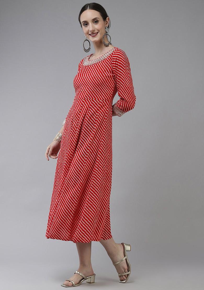 Red Printed Poly Blend Kurta