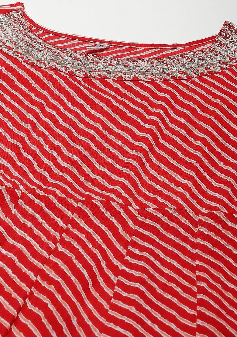 Red Printed Poly Blend Kurta