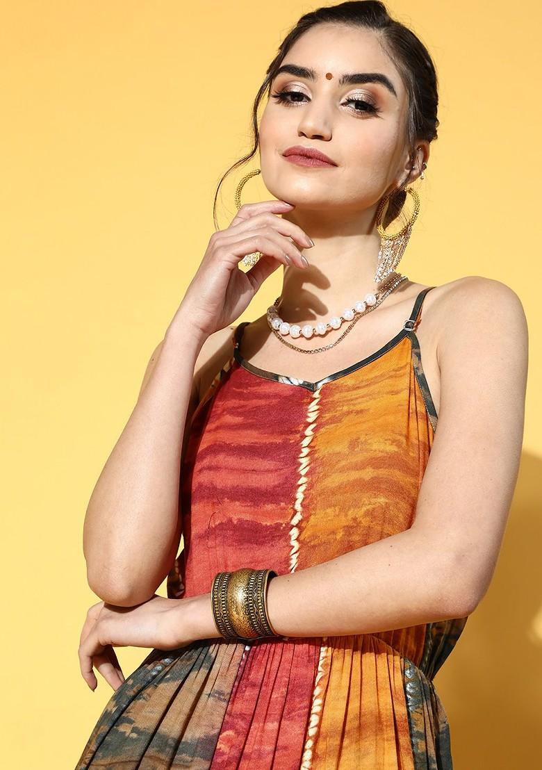 Yellow Printed Poly Blend Anarkali Kurta