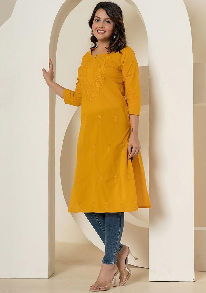 Mustard Embroidered Cotton Kurta