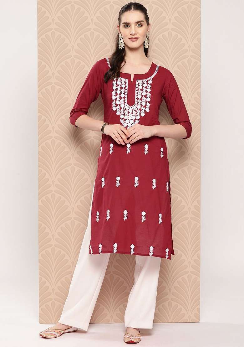 Maroon Embroidered Cotton Straight Kurta Set - Indya