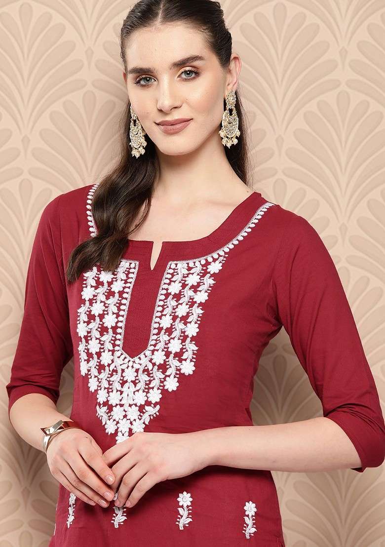 Maroon Embroidered Cotton Straight Kurta Set - Indya