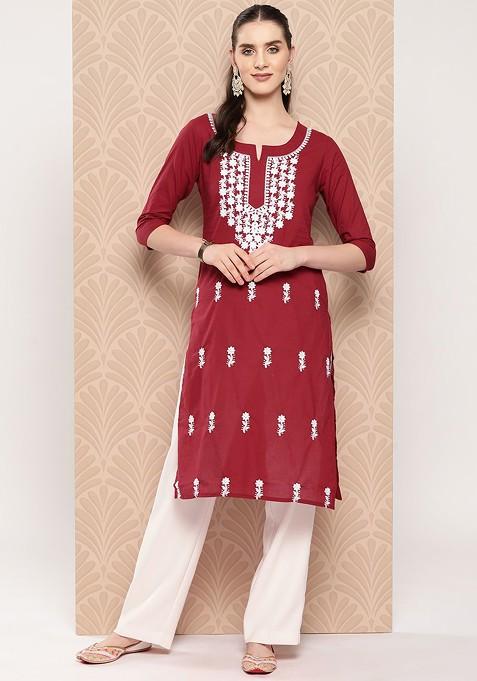 Maroon Embroidered Cotton Kurta