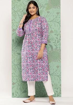 Lavender Floral Print Cotton Kurta