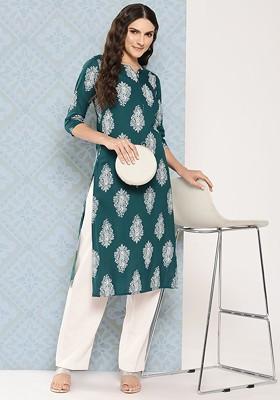 Teal Paisley print Poly Blend Kurta