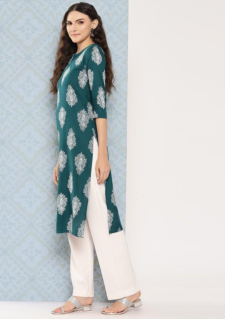 Teal Paisley print Poly Blend Kurta