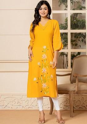 Mustard Floral Print Poly Blend Kurta