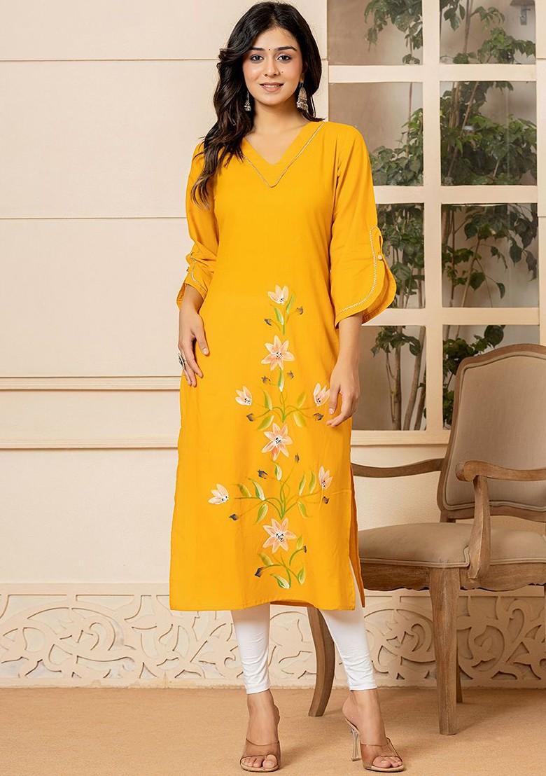 Mustard Floral Print Poly Blend Kurta