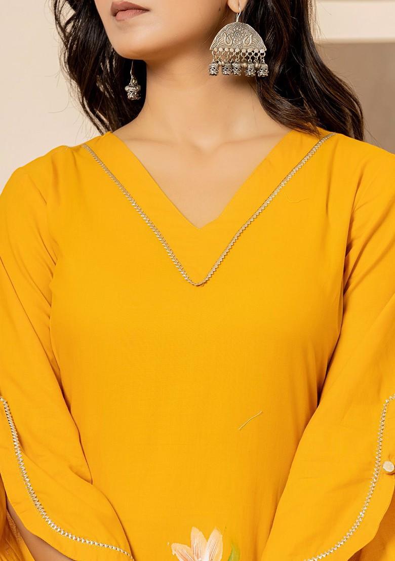 Mustard Floral Print Poly Blend Kurta