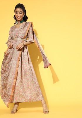 Peach Printed Poly Blend Kurta Set