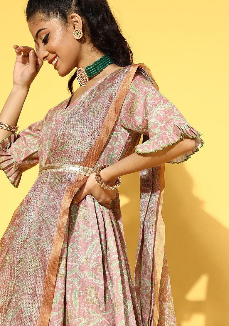 Peach Printed Poly Blend Kurta Set