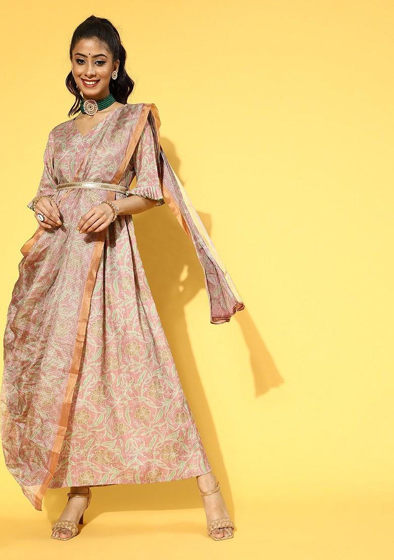 Peach Printed Poly Blend Kurta Set