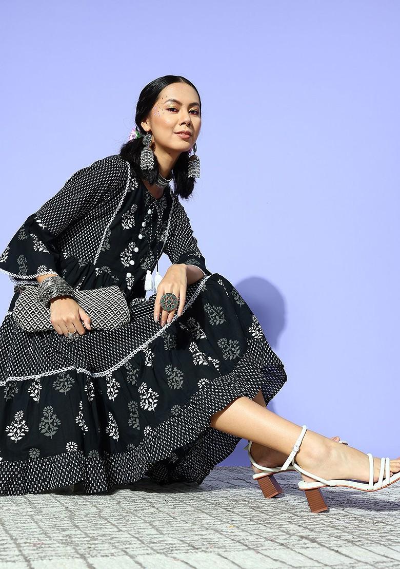 Black Printed Poly Blend Kurta