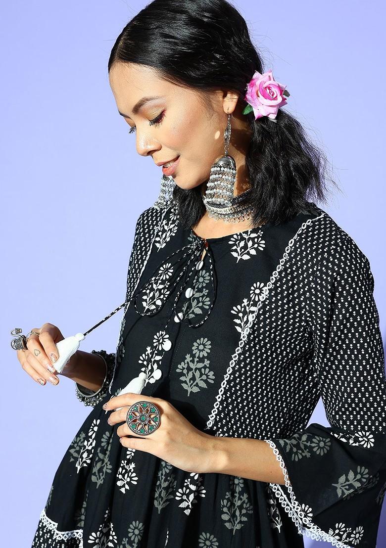 Black Printed Poly Blend Kurta