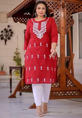 Maroon Embroidered Cotton Kurta