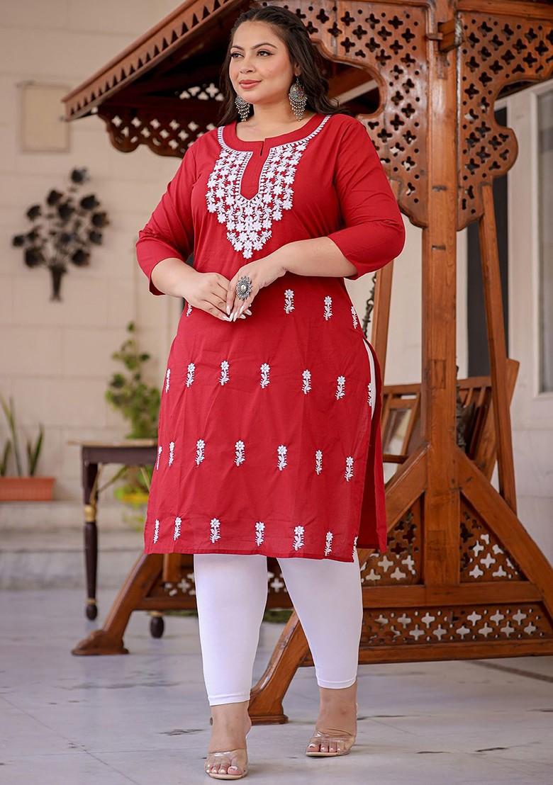 Maroon Embroidered Cotton Kurta