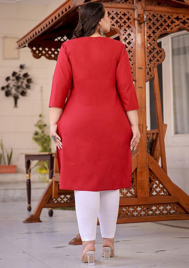 Maroon Embroidered Cotton Kurta