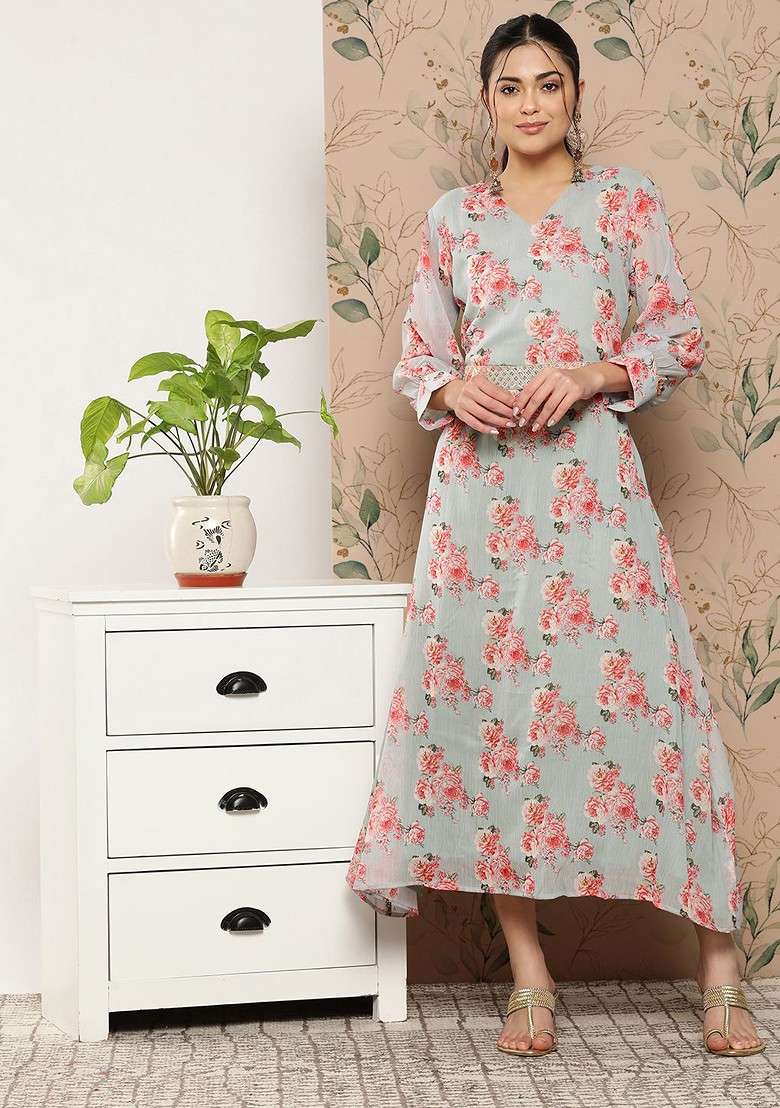 Grey Floral Print Poly Kurta - Indya