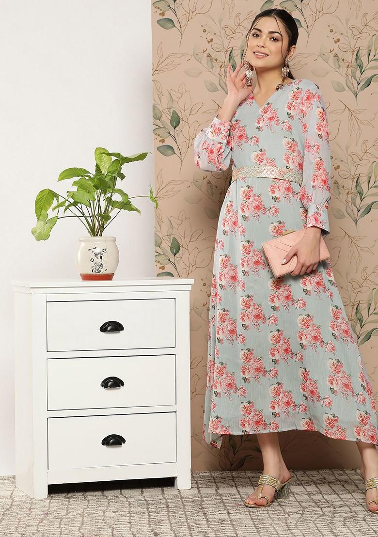 Grey Floral Print Poly Blend Kurta