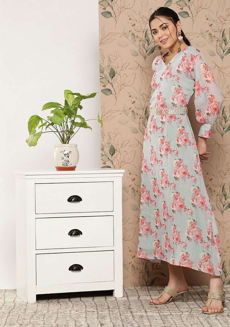 Grey Floral Print Poly Kurta - Indya