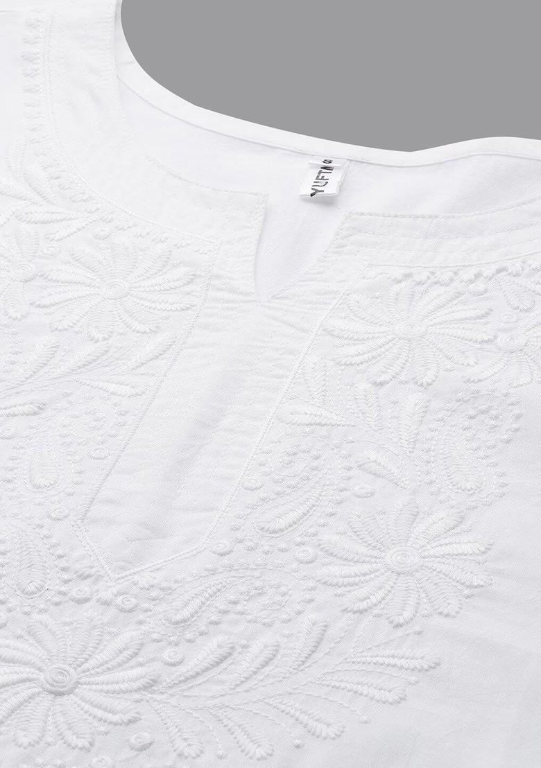 White Embroidered Cotton Kurta