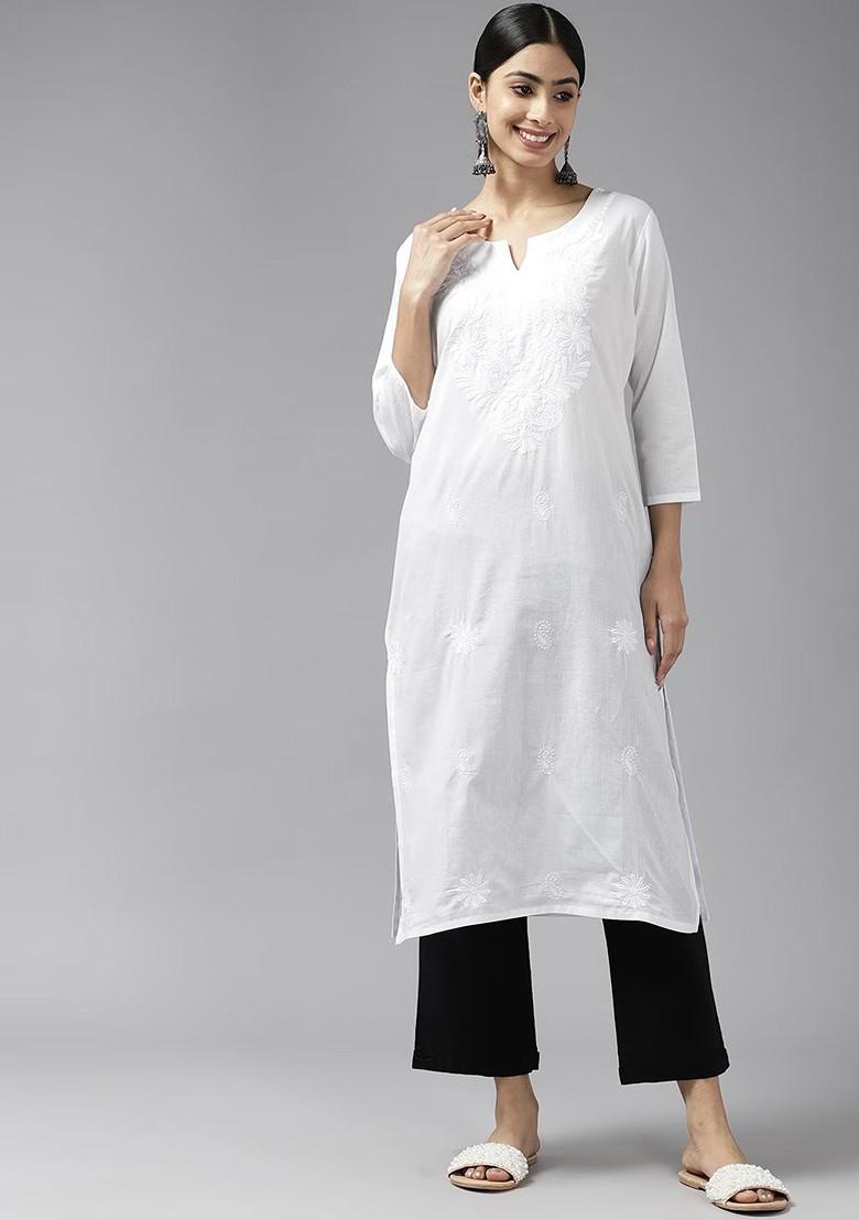 White Embroidered Cotton Kurta