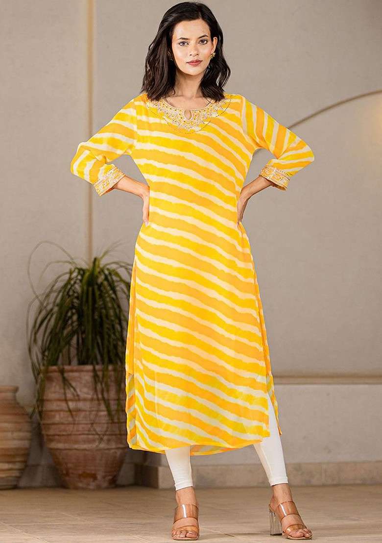 Yellow Tie And Dye Georgette Kurta - Indya