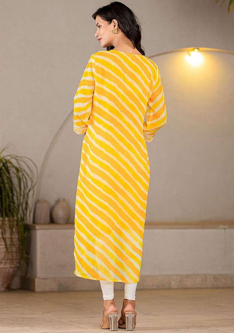 Yellow Tie And Dye Georgette Kurta - Indya