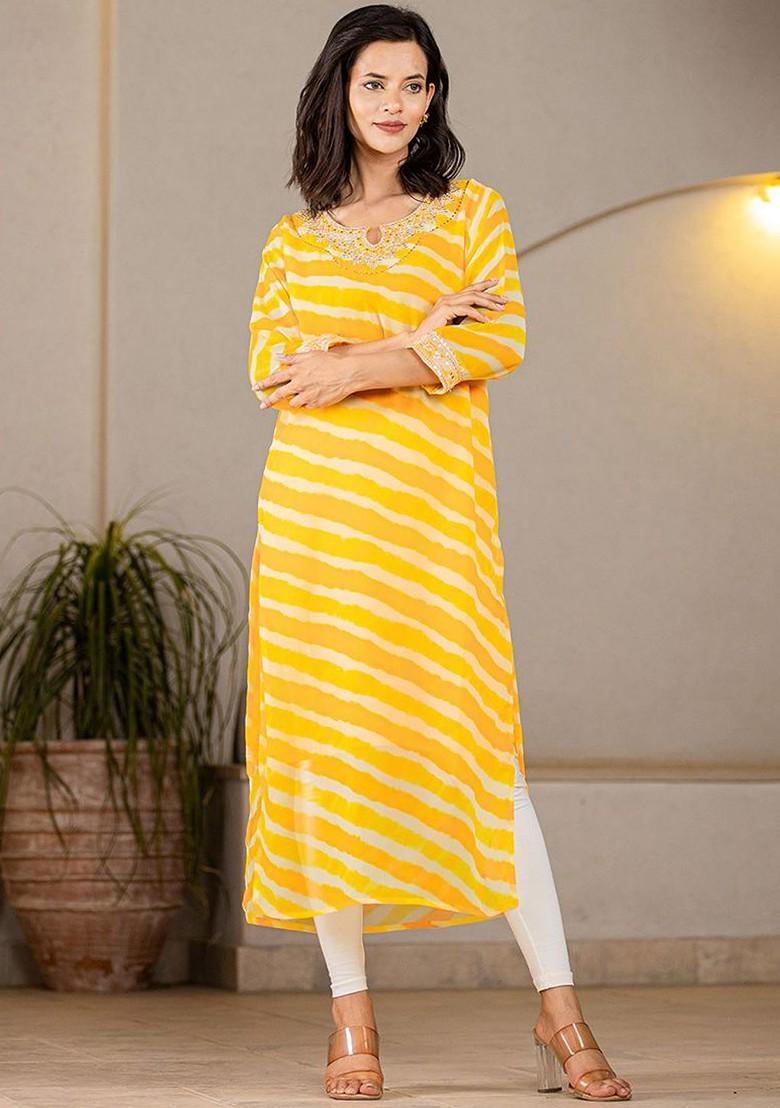 Yellow Striped Georgette Kurta