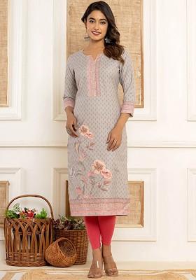 Grey Printed Cotton Kurta