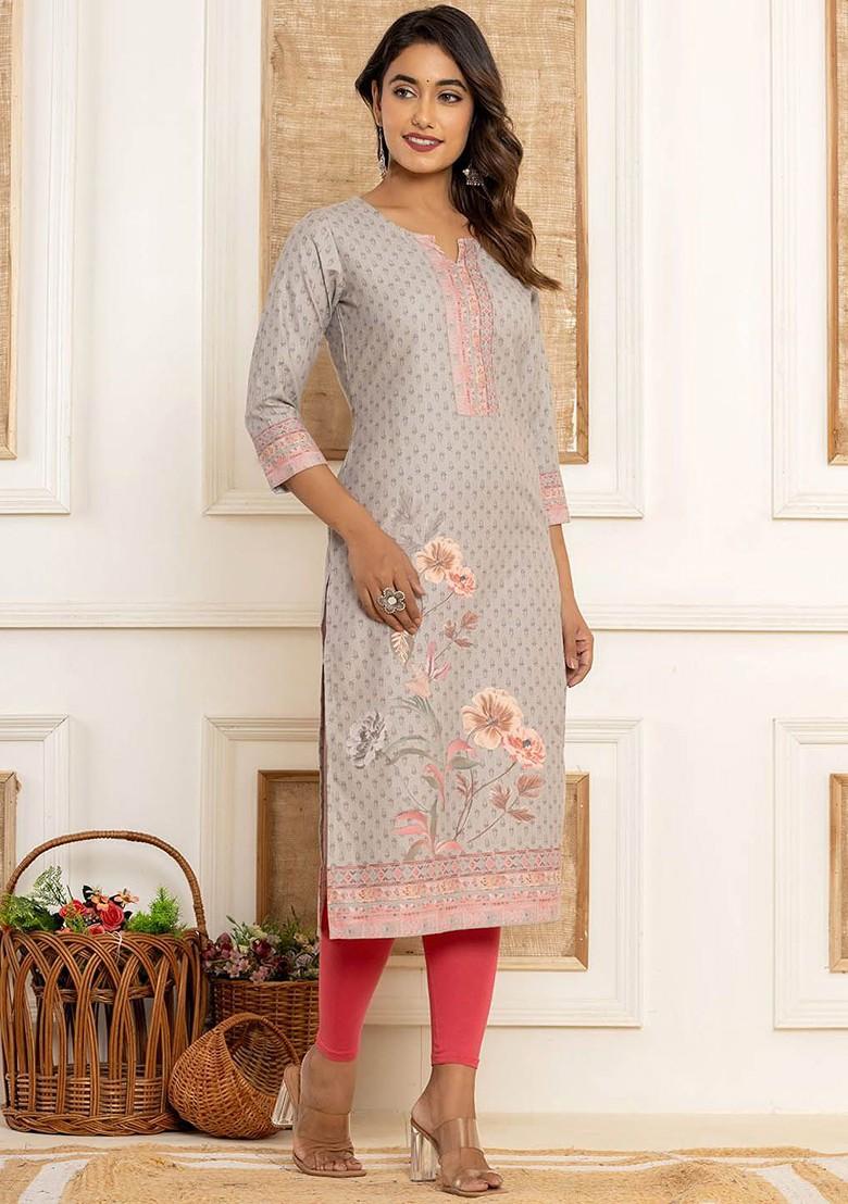 Grey Printed Cotton Kurta