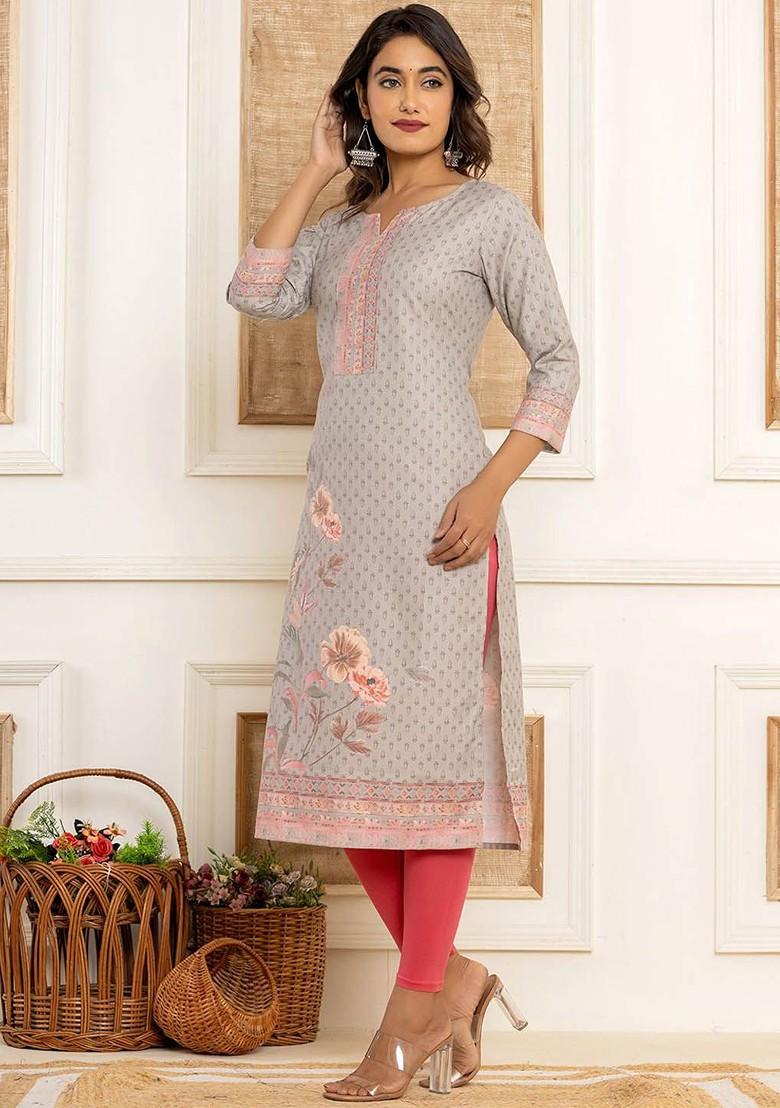 Grey Printed Cotton Kurta