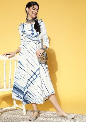 White Printed Poly Blend Anarkali Kurta