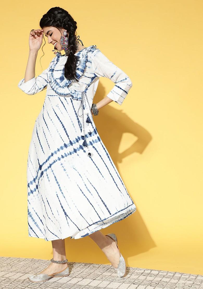 White Printed Poly Blend Anarkali Kurta