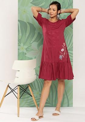 Maroon Embroidered Poly Blend Anarkali Kurta