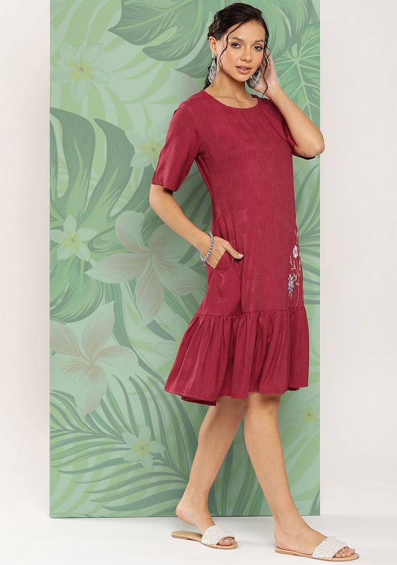 Maroon Embroidered Poly Blend Anarkali Kurta