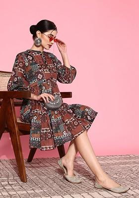 Orange Printed Cotton Anarkali Kurta