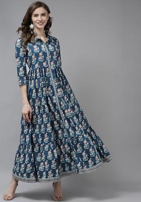 Blue Printed Cotton Anarkali Kurta