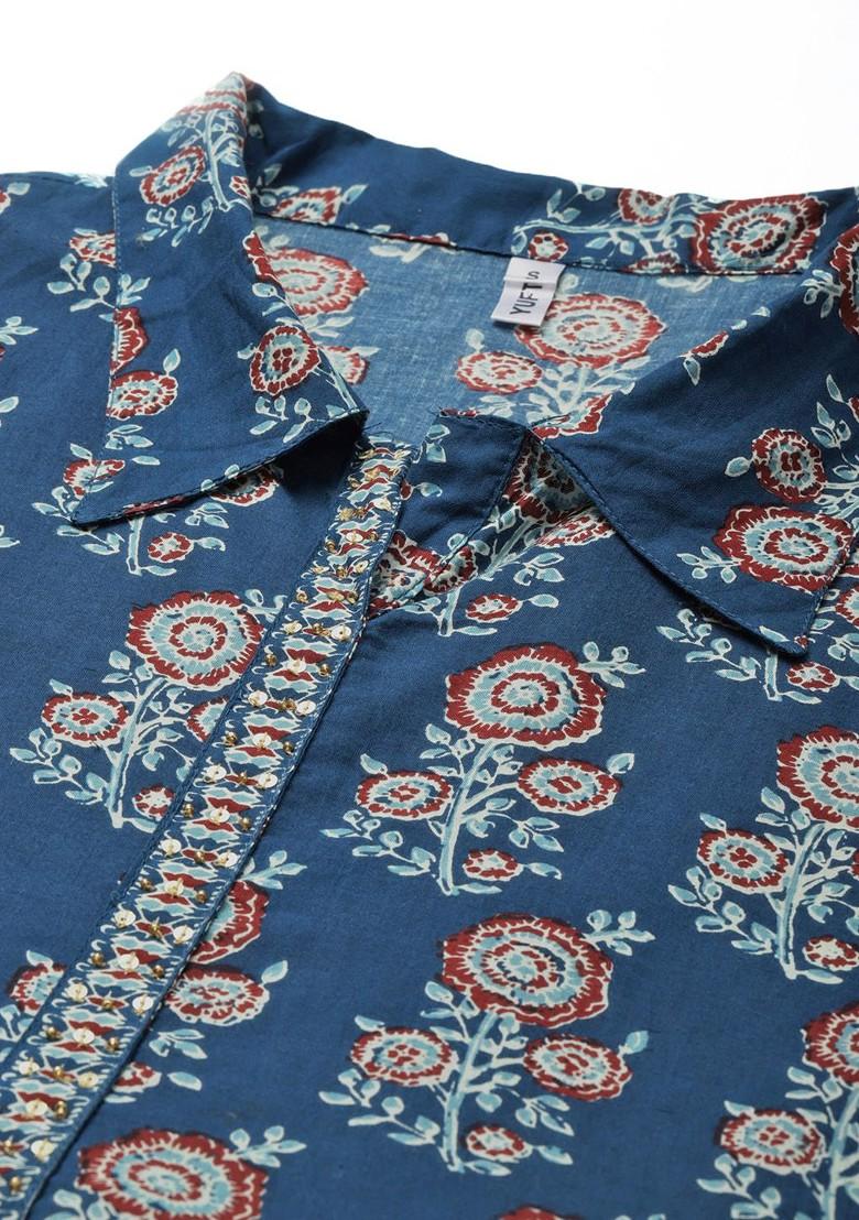 Blue Printed Cotton Anarkali Kurta