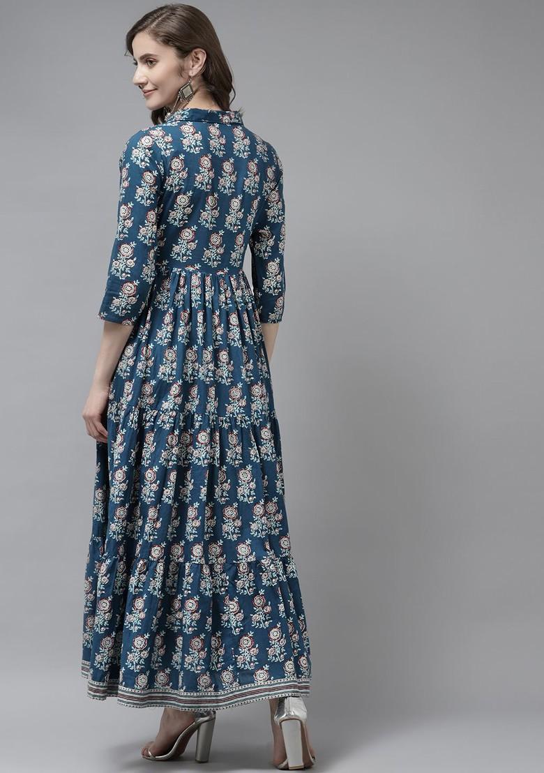Blue Printed Cotton Anarkali Kurta