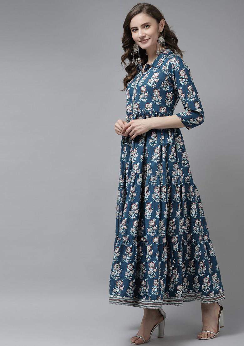 Blue Printed Cotton Anarkali Kurta