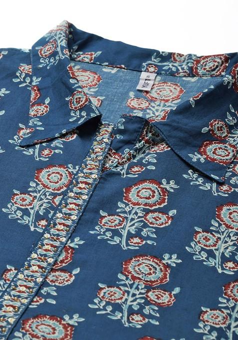 Blue Printed Cotton Anarkali Kurta