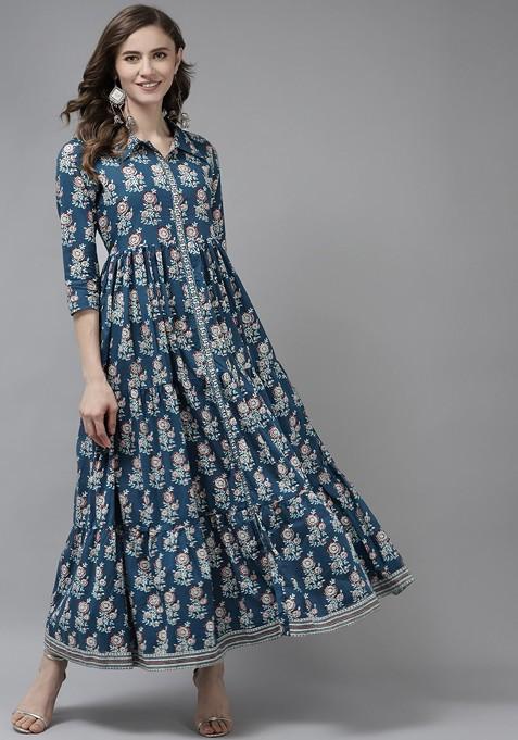 Blue Printed Cotton Anarkali Kurta
