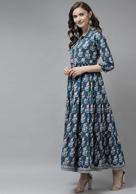 Blue Printed Cotton Anarkali Kurta