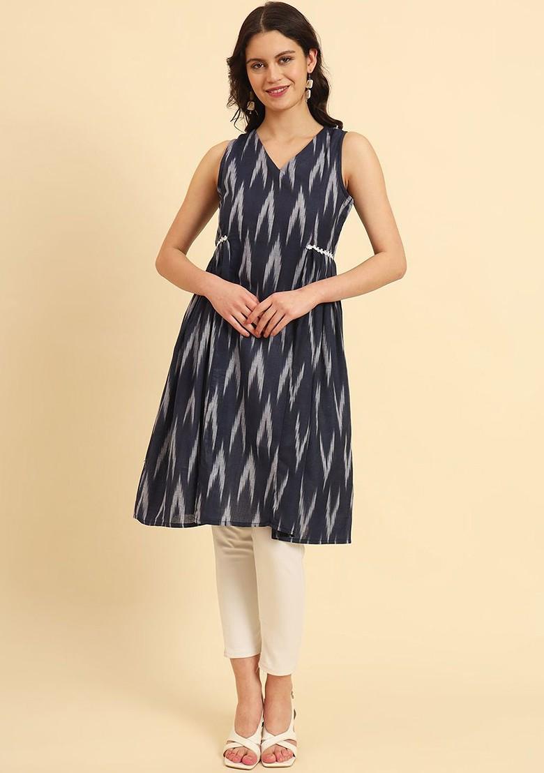 Blue Printed Poly Blend Kurta