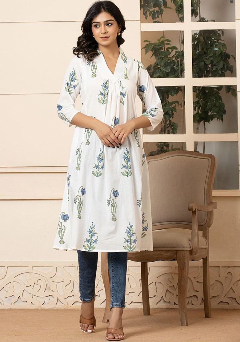 Blue Printed Poly Blend Kurta