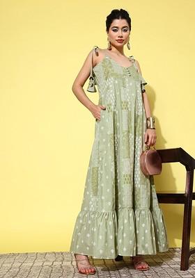 Green Printed Cotton Anarkali Kurta