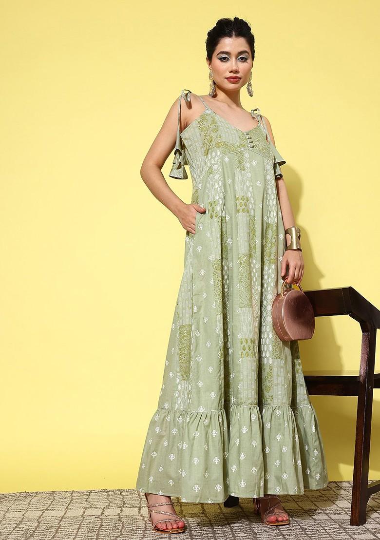 Green Printed Cotton Anarkali Kurta